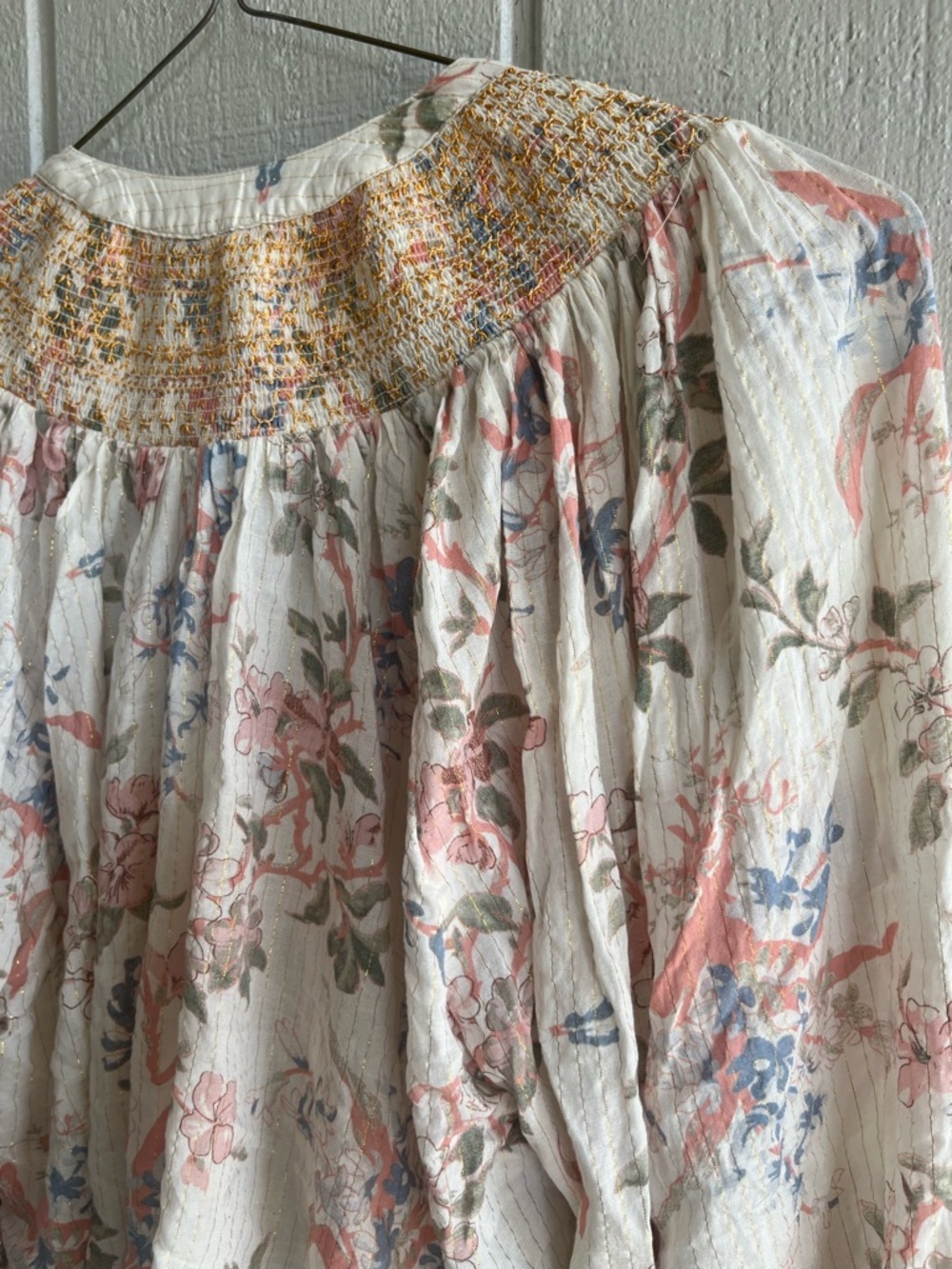 Anthropologie Viscose Long Sleeve Smocked Lurex Top Floral Print Tassels Size M - Picture 7 of 10